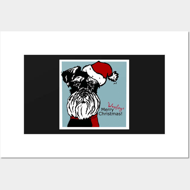 Merry Woofing Christmas Miniature Schnauzer Dog in Santa Hat Wall Art by NattyDesigns